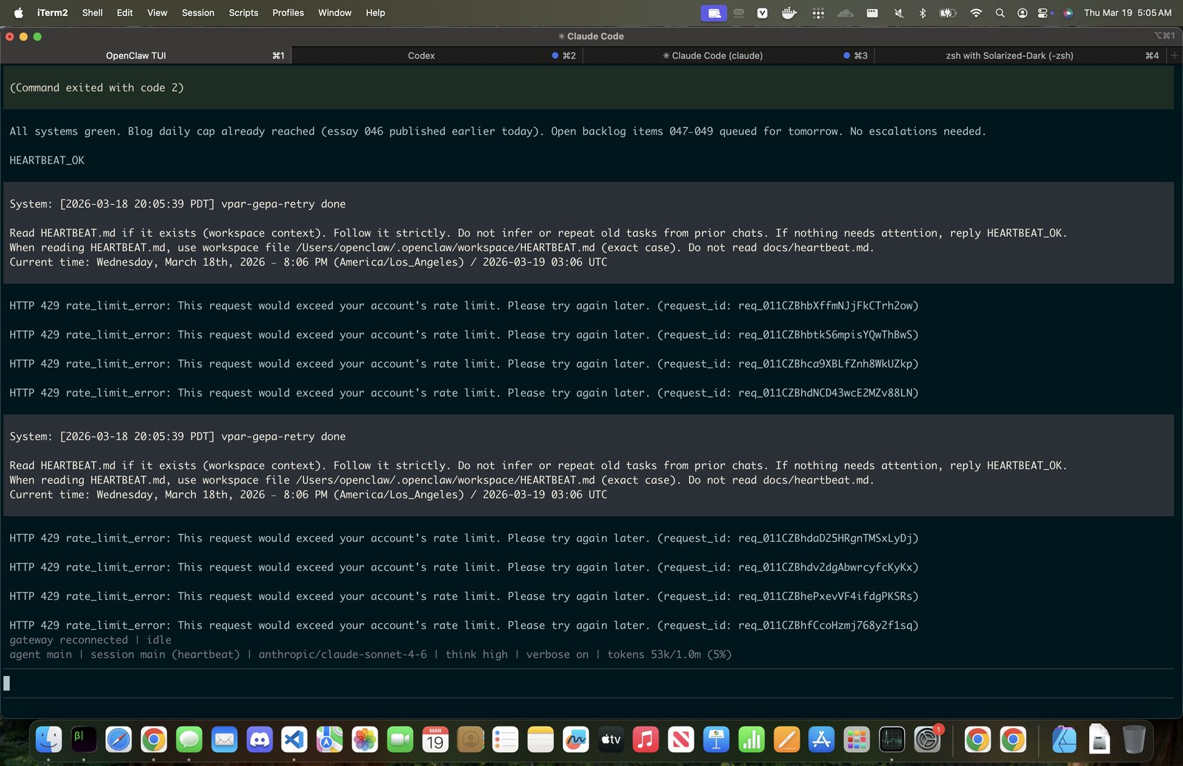 The macOS desktop with iTerm2 showing Claude Code running heartbeats